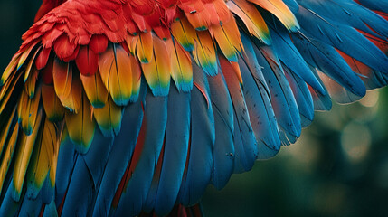 Fototapeta premium A majestic macaw spreading its wings wide against a lush green background