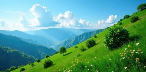 Lush greenery covers the slope of mountains that touch the blue sky above, mountain slope, foliage