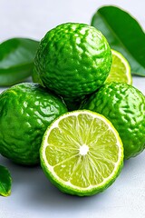 Fototapeta premium A stylish fruit composition featuring fresh green bergamots on a light background, ready for promotional use.