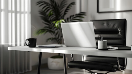 Minimalist Modern Studio Workspace with Laptop, Notebook, Coffee Mug, and Comfortable Chair in Elegant Setting