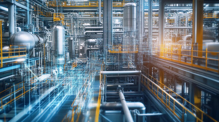 Fototapeta premium High-resolution depiction of a digital twin showcasing intricate industrial processes in a modern facility during daytime. Generative AI