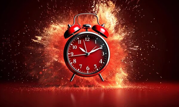 red watch exploding with red particles against a red background, representing deadline, stress, and time running out