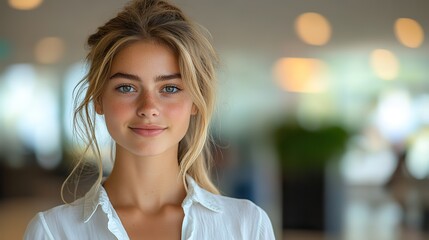 This confident young woman in a white shirt exudes professionalism and calmness.