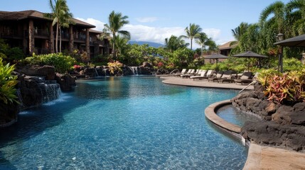A luxury resort pool with lounge chairs and clear blue water, surrounded by lush greenery and palm trees.