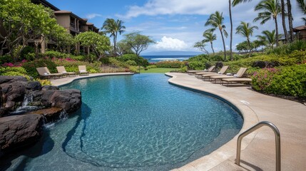Fototapeta premium A luxury resort pool with lounge chairs and clear blue water, surrounded by lush greenery and palm trees.