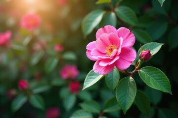 Pink wild rose branch with leaves and flowers, flowering branch, blooming flower, blossoms in pink