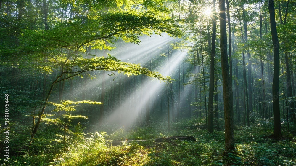 Poster a misty forest at dawn with sunlight streaming through the trees, creating a magical and serene atmo