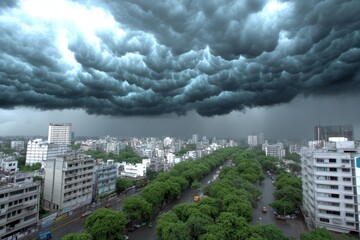 A polluted city skyline covered in dark clouds as acid rain falls, corroding buildings and streets