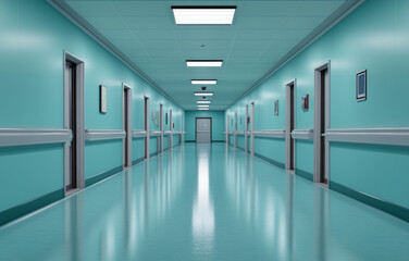 Fototapeta premium A a long, empty hospital corridor. Generative AI