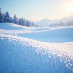 Untouched snow drifts, soft light, serene winter scene, cold, minimal