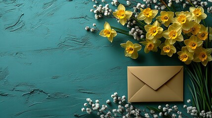 This photo features fresh spring blooms, narcissus, gypsophila, branches, an envelope, and decor on a green backdrop.