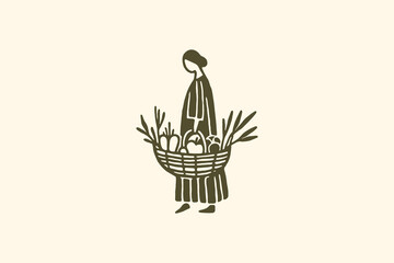Woman carrying basket of vegetables, vintage line art icon, monochrome