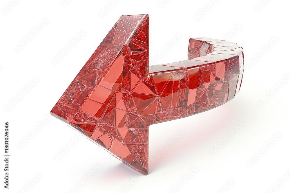 Poster a vibrant red crystalline arrow pointing left, showcasing sharp angles and a glossy surface, symboli