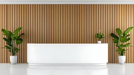 Modern Minimalist Reception Area with Wood Panel Wall and Plants