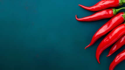 Vibrant red chili peppers on a deep blue background, perfect for diet, nutrition, and wellness concepts. Copy space. © Tanya