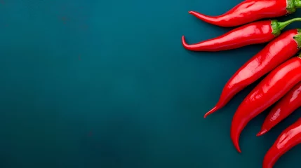 Vibrant red chili peppers on a deep blue background, perfect for diet, nutrition, and wellness concepts. Copy space. © Tanya