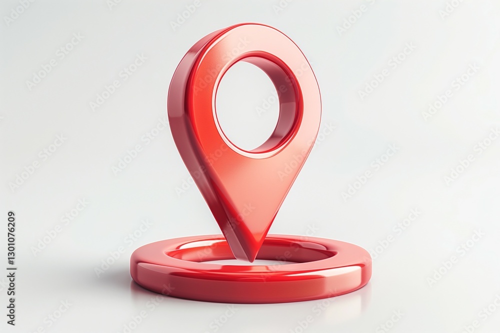 Poster a glossy red location pin stands prominently on a smooth gray background, symbolizing navigation and