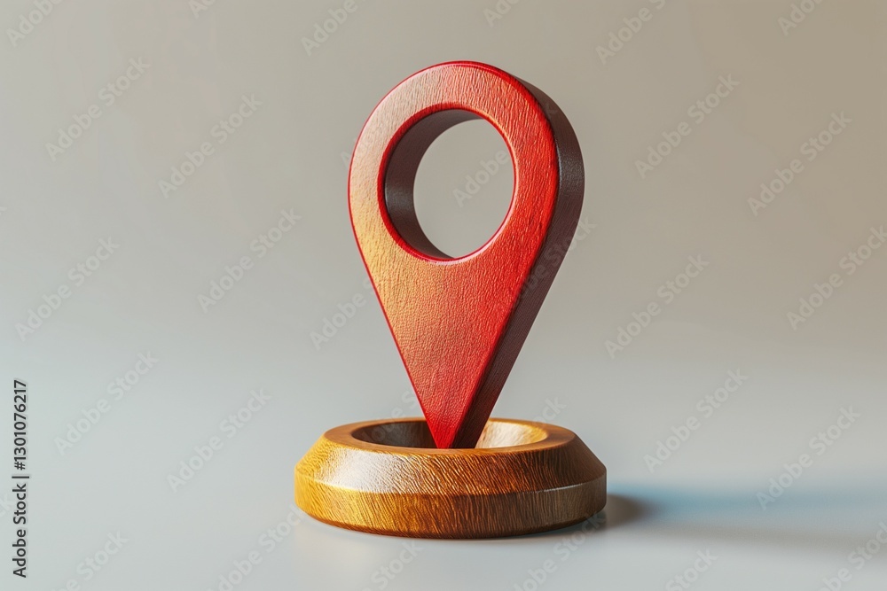 Poster a wooden 3d location pin in red, symbolizing navigation and mapping, set against a neutral backgroun