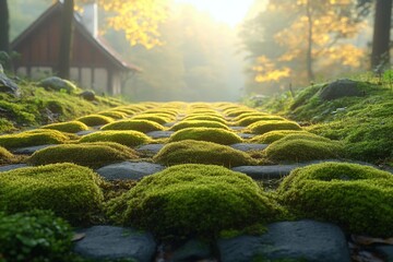 Moss Covered Cobblestone Path In Autumn Forest