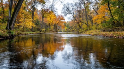 A peaceful river flowing through a dense forest, with colorful autumn leaves reflecting in the water.