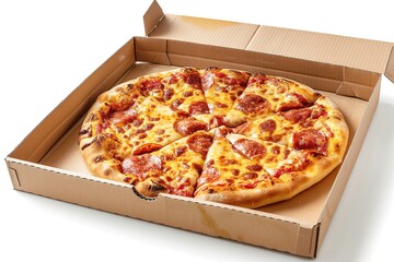 A delicious pepperoni pizza in a classic brown pizza box, ready to be enjoyed.