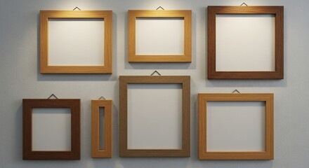 Warm light illuminates empty wooden picture frames arranged aesthetically on a white wall. AI Generated