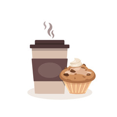 Illustration of a hot drink with a cupcake on a white background