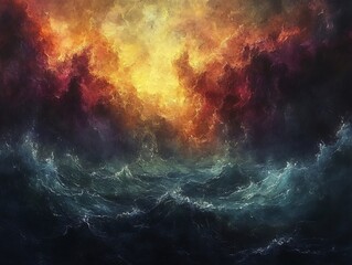 Fototapeta premium Fiery sunset illuminates raging ocean waves dramatic impasto texture. AI Generated