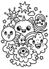 Fototapeta premium Whimsical doodle creatures: A delightful illustration showcases a cluster of playful and imaginative doodle creatures, perfect for coloring pages, designs, or creative projects. 