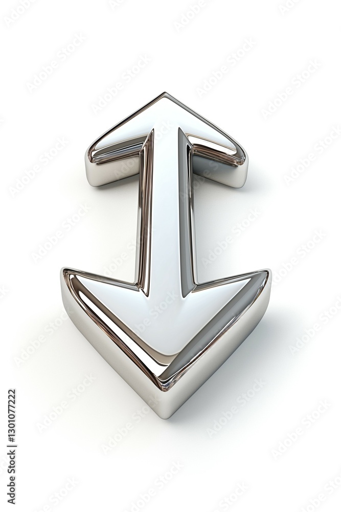 Poster a shiny, three-dimensional metallic arrow pointing both up and down, symbolizing progress and decisi
