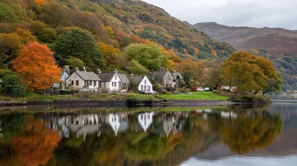A picturesque village by a lake surrounded by autumn trees, reflecting the stunning scenery.