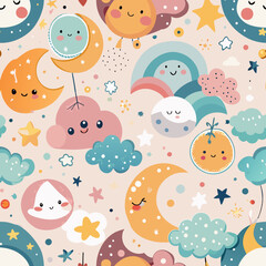 Whimsical Night Sky: A delightful pattern of smiling celestial bodies, including moons, stars, clouds and rainbows, creating a playful and dreamy atmosphere.