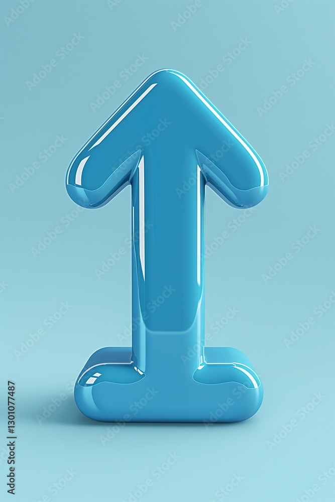 Poster a shiny blue three-dimensional arrow pointing upward against a soft teal backdrop.