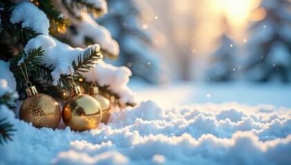 Snowy winter landscape with sparkling golden ornaments, winter, sparkle