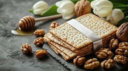 This sophisticated Pesach display, from a top view, showcases ribbon bound matzo, walnuts, a honey ladle, a nutcracker, and tulips on a muted beige canvas, with a blank area for messages.