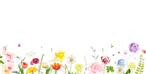 Spring flowers and plants vector design frame. Tulip, daffodil, daisy flowers, leaves on white background. Greenery wedding invitation. Watercolor style card. Elements are isolated and editable