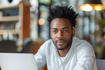 Obraz premium A young Black man with natural hair sits at a table, focusing intently on his laptop in a cozy café.