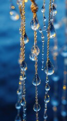 Fototapeta premium Elegant dew drop adorned strings with vibrant blue bokeh background