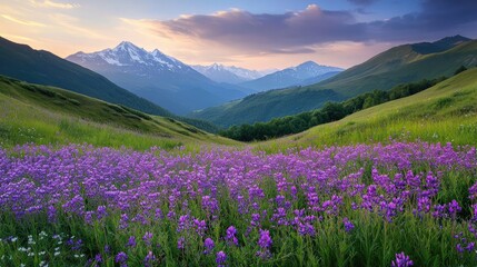 Obraz premium A scenic mountain valley covered in wildflowers, with snow-capped peaks in the distance and a vibrant sky above.
