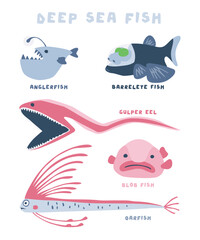 Cartoon deep sea Fish Collection for Kids Design. Fun cartoon hand drawn scary fishes for children design illustrations set. EPS10 vector has no background color.