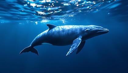 Fototapeta premium Dolphin Swimming Gracefully Underwater in Deep Blue Ocean Water