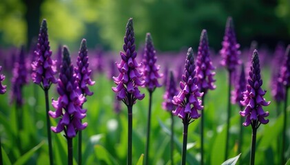 Obraz premium Tall black stalks supporting dark purple lily flowers in a dense thicket, blooms, landscape