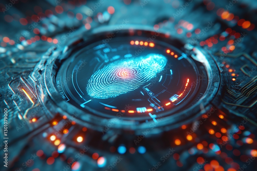 Poster a close-up view of a futuristic fingerprint scanner with vibrant neon lights and intricate circuitry