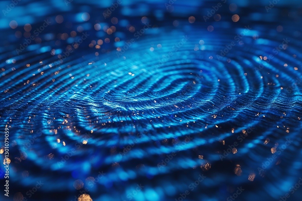 Poster close-up of an abstract blue fingerprint pattern with shimmering details and a smooth texture.