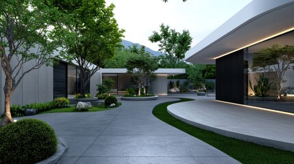 Modern courtyard home garden with winding paths, mountain view