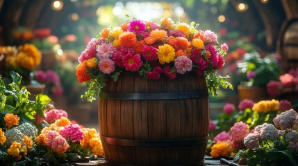Fototapeta premium A wooden barrel overflows with colorful blossoms, surrounded by a lively garden atmosphere
