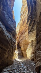 Serene desert canyon pathway with sunlit striated rock formations for nature adventures and geological exploration designs