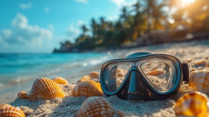 A snorkeling mask rests on soft sand, surrounded by colorful seashells, under a bright sky