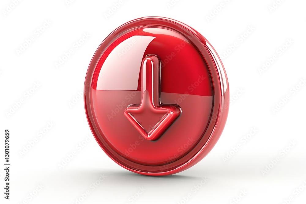 Poster A glossy red download button with a downward arrow symbolizing digital actions and downloads.