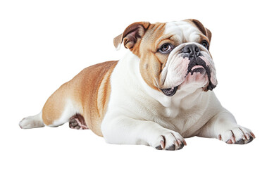 Fototapeta premium Bulldog lying down indoors while resting, showcasing its unique fur patterns and relaxed demeanor, cut out